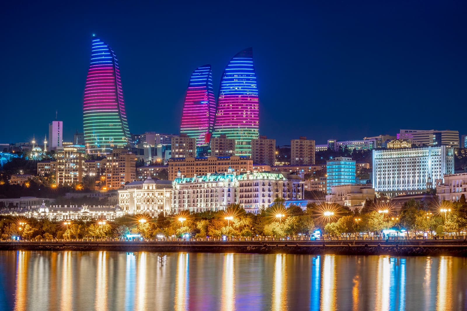 Flame Towers and Baku Bay at night