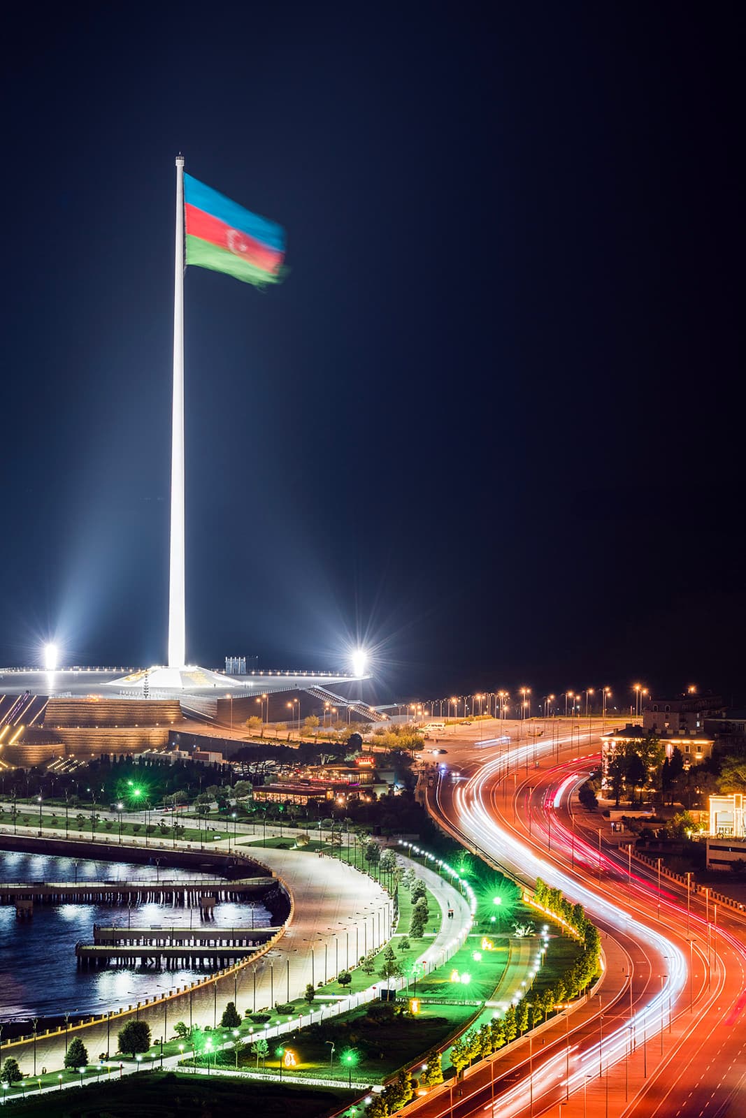 Azerbaijan flag by the waterfront