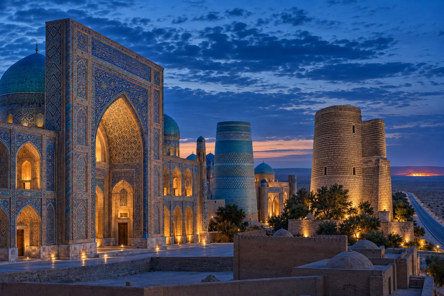 Baku · Guba · Khinalig · Tashkent · Samarkand · Bukhara · Khiva · Darvaza · Ashgabat